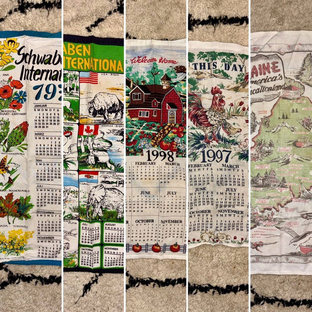 [Lot of 5] Vintage Cotton Tea Towels; Calendar and Vacation Souvenirs